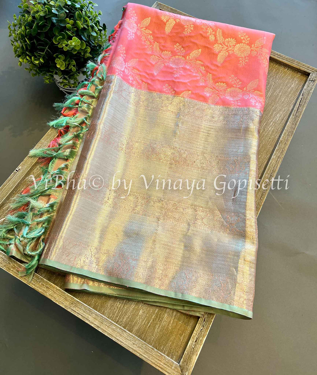 Pastel Peach And Ice Grey Kanchi Silk Saree And Blouse