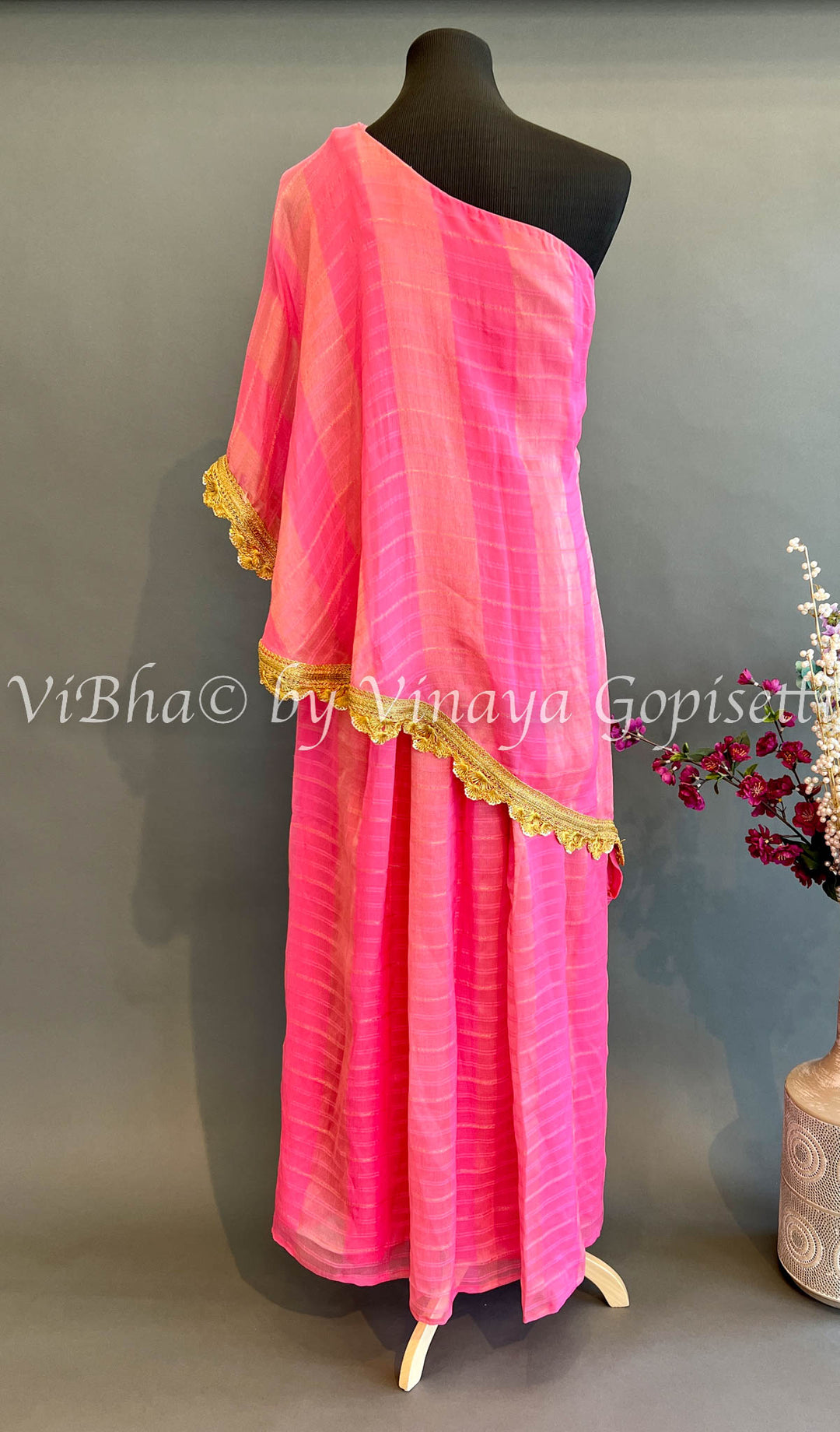 Pink One Shoulder Dress With Embellished Borders