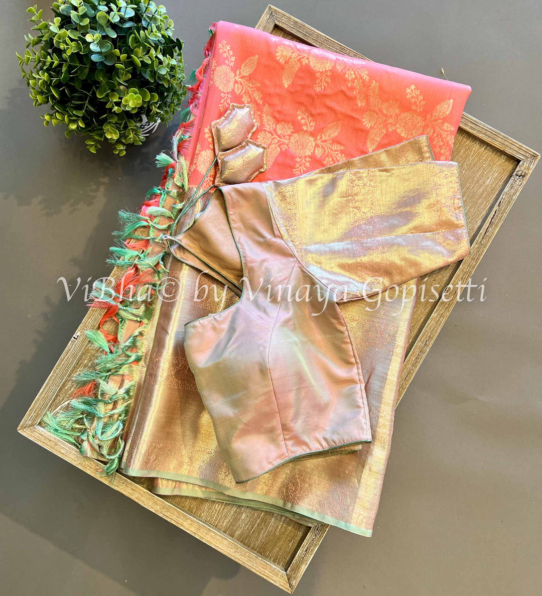 Pastel Peach And Ice Grey Kanchi Silk Saree And Blouse
