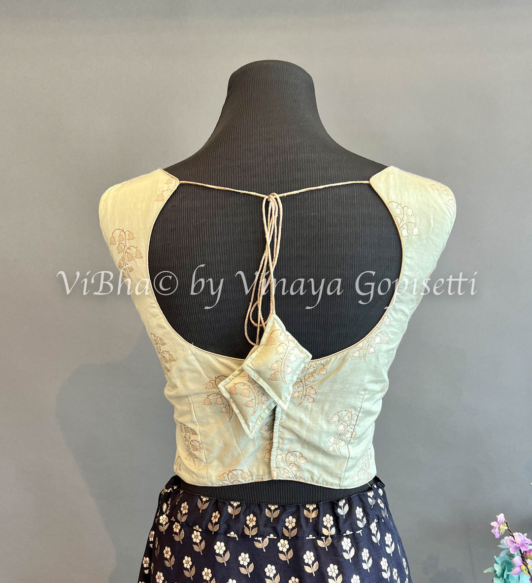 Black and Neutral Gray Benares Silk Skirt and Crop Top with Potli