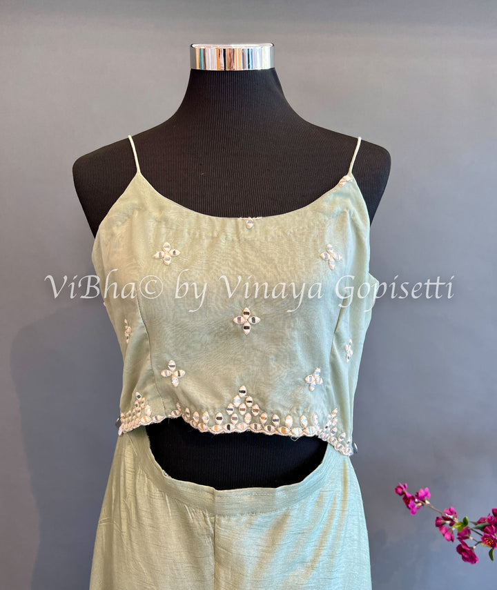 Sage Green Sharara With Sleeveless Embroidered Top And Jacket