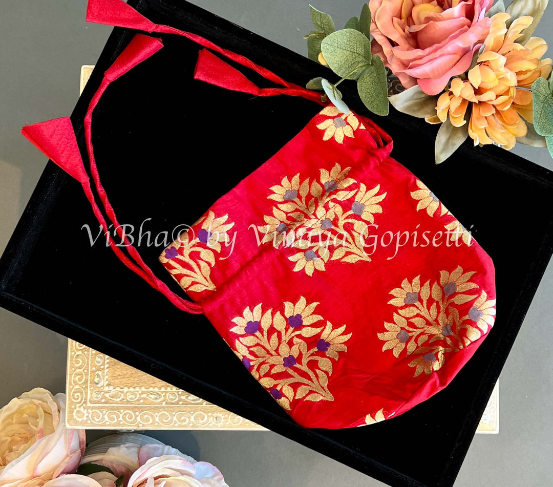 Red Benares Silk Potli Bag