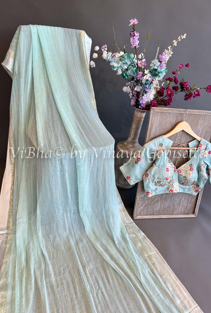 Sky Blue Sequins Chiffon Saree with Embroidered Blouse