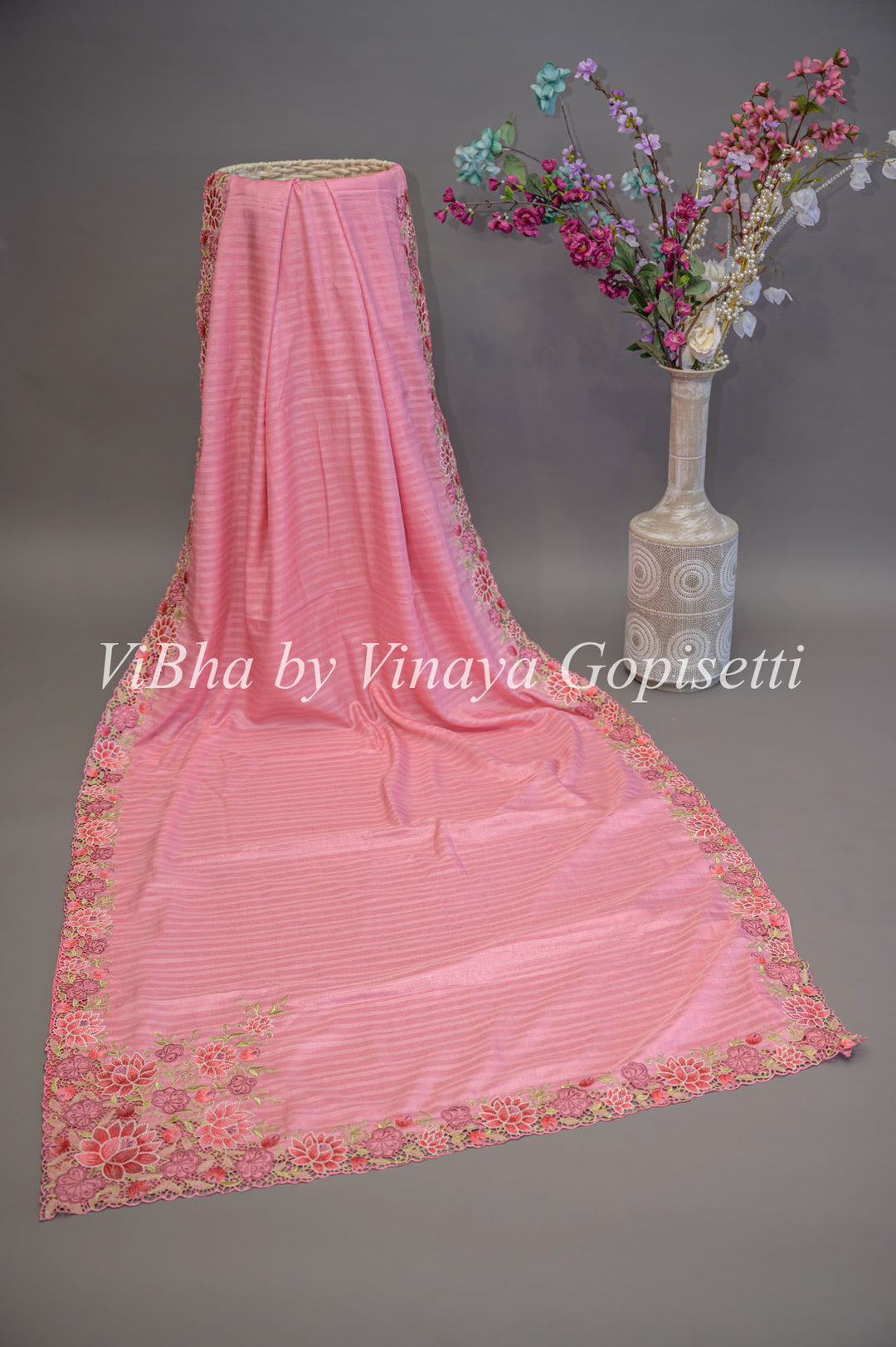 Pink Dola Silk Cut Work Embroidered Saree And Blouse