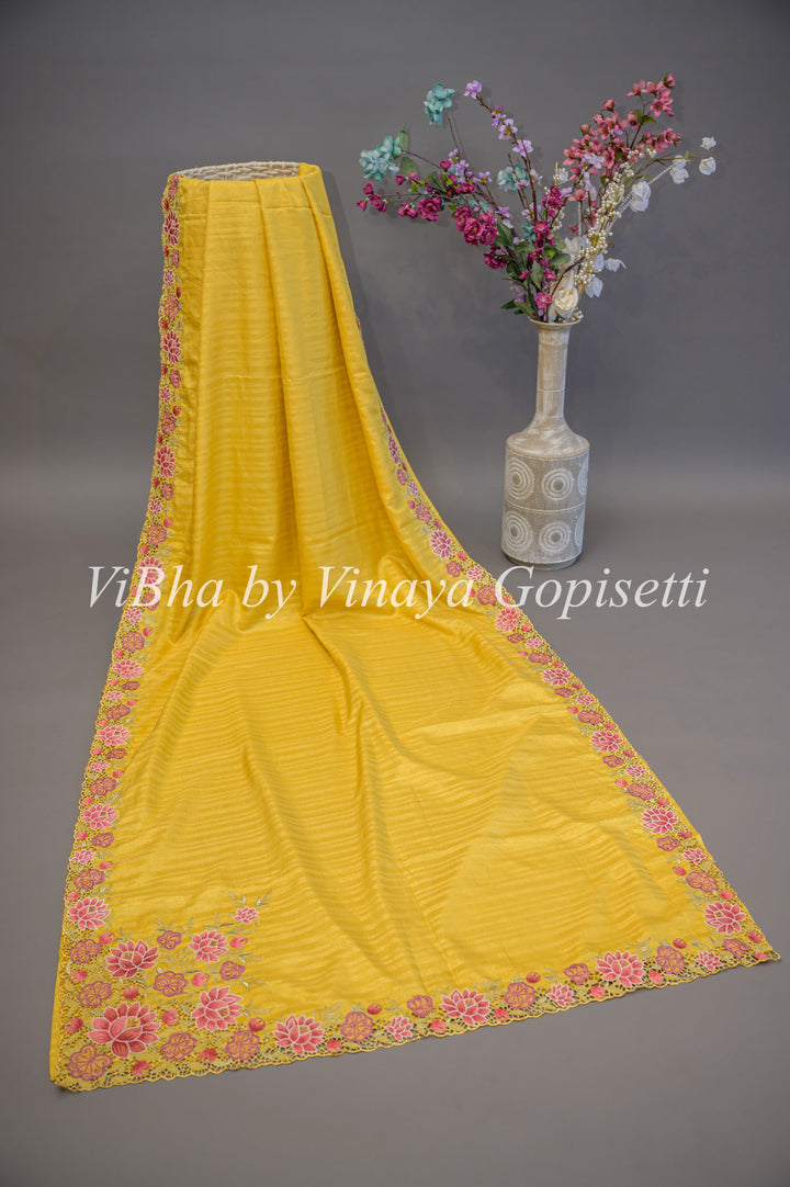 Yellow Dola Silk Cut Work Embroidered Saree And Blouse