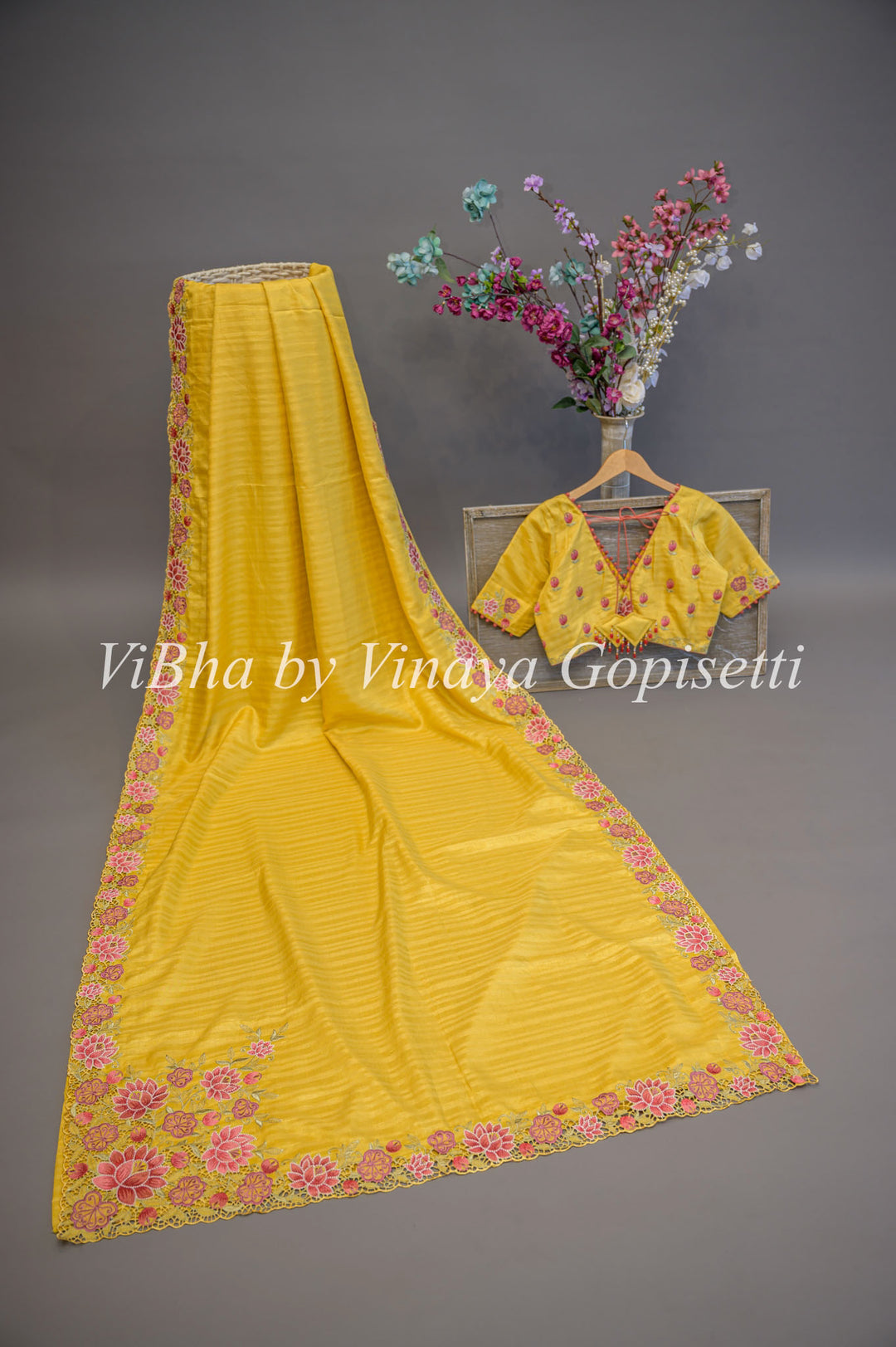 Yellow Dola Silk Cut Work Embroidered Saree And Blouse