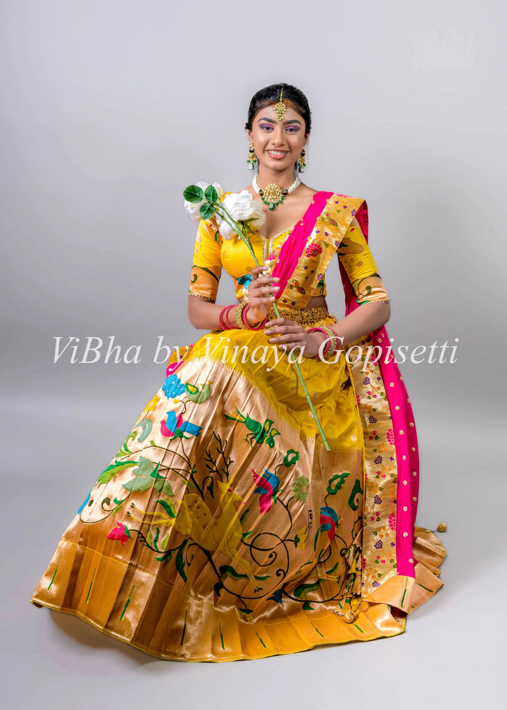 Yellow and Pink Paithani Silk Lehenga