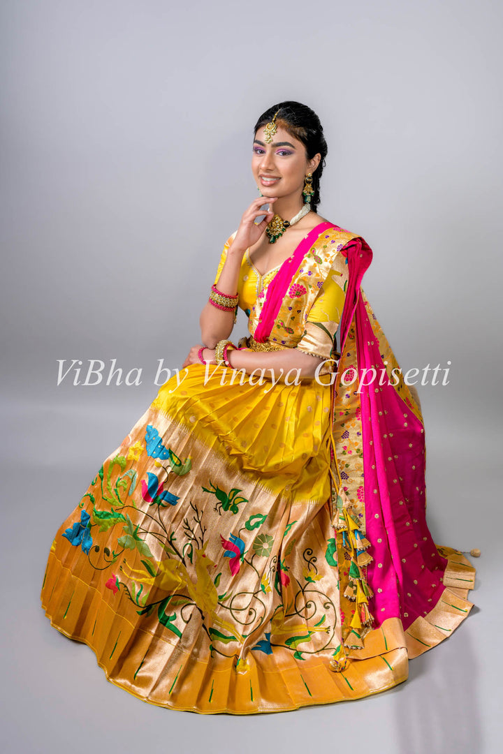 Yellow and Pink Paithani Silk Lehenga