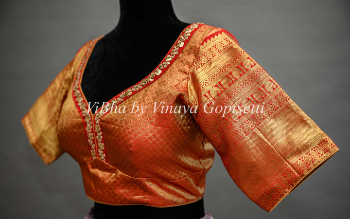 Light Gold and Maroon Red Tissue Kanchi Silk Saree and Blouse With Meenakari Work