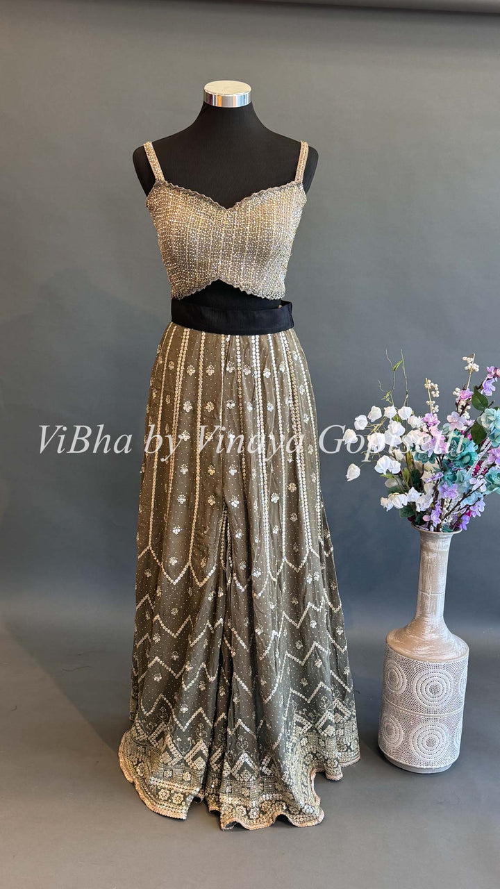 Olive color Sequins Embroidered Sharara with Crop Top and Choker Dupatta