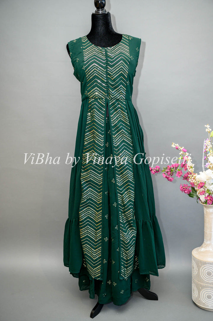 Dark Green Sequin Embroidered Front Slit Style Palazzo Set