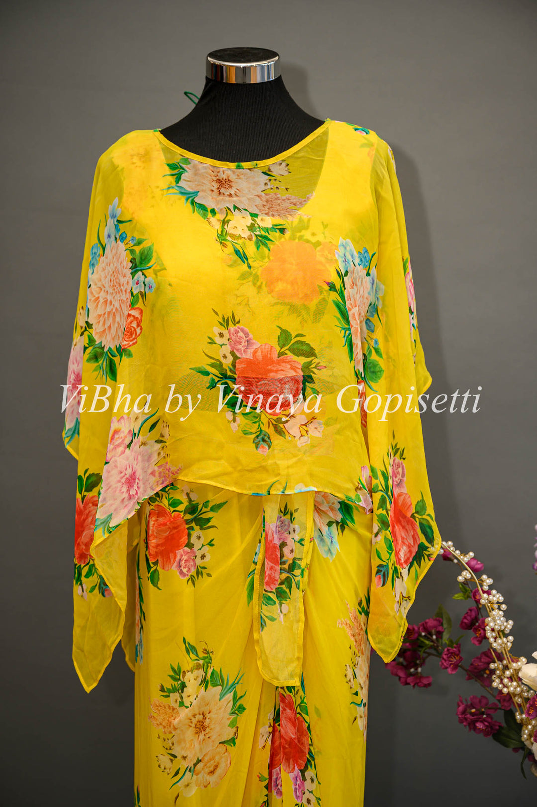 Yellow Floral Cowl Skirt with Detachable Cape and Frilled Stole