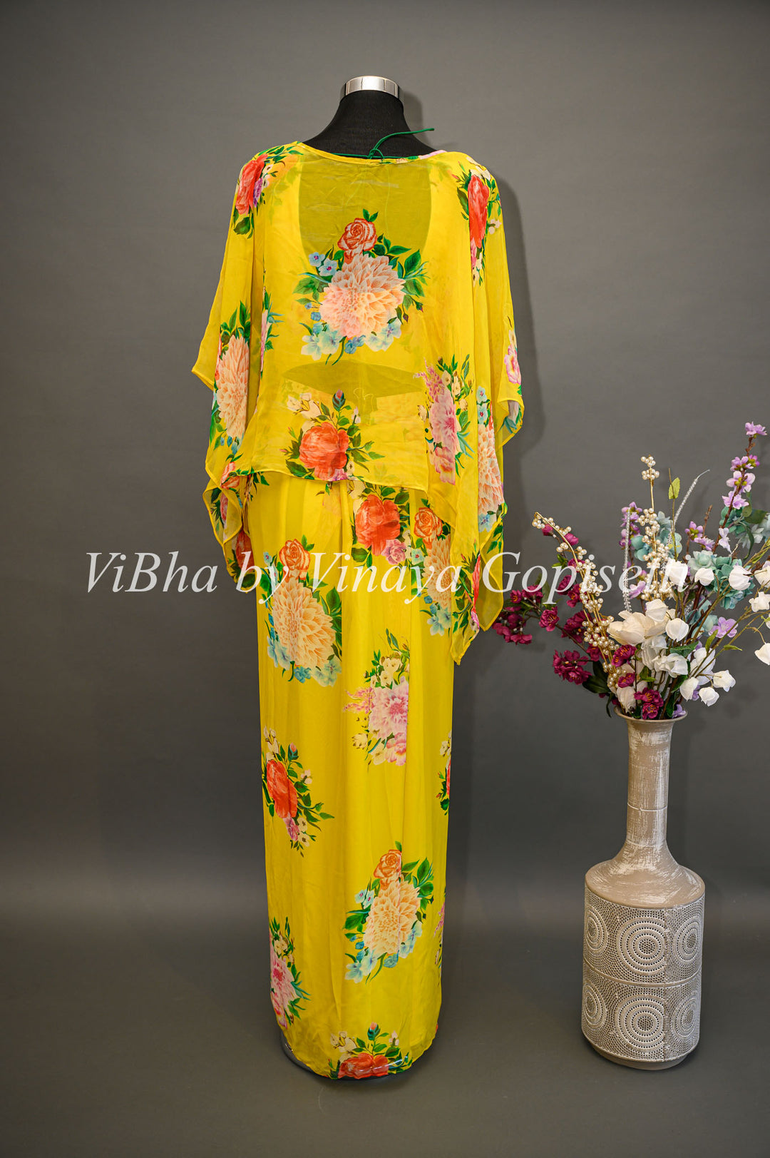 Yellow Floral Cowl Skirt with Detachable Cape and Frilled Stole