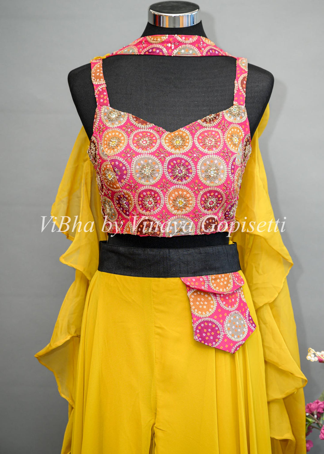 Yellow Sharara Set with Pink Brocade Blouse and Choker Dupatta