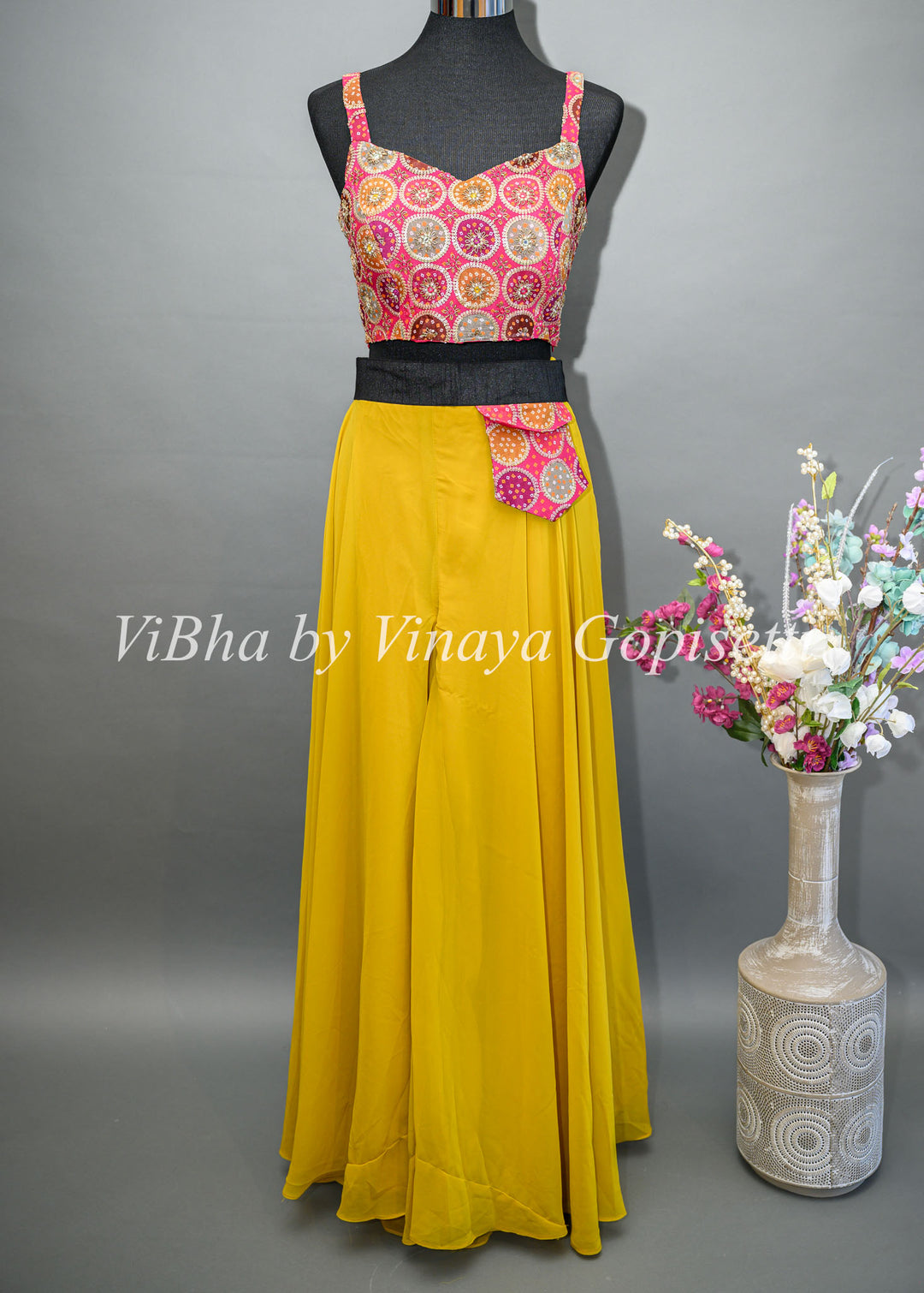 Yellow Sharara Set with Pink Brocade Blouse and Choker Dupatta