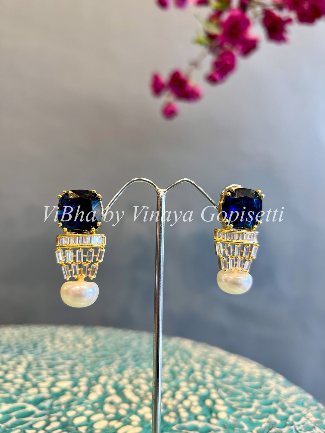 Gold Finish Sapphire  And CZ Double Stone Stud Earrings With Pearl