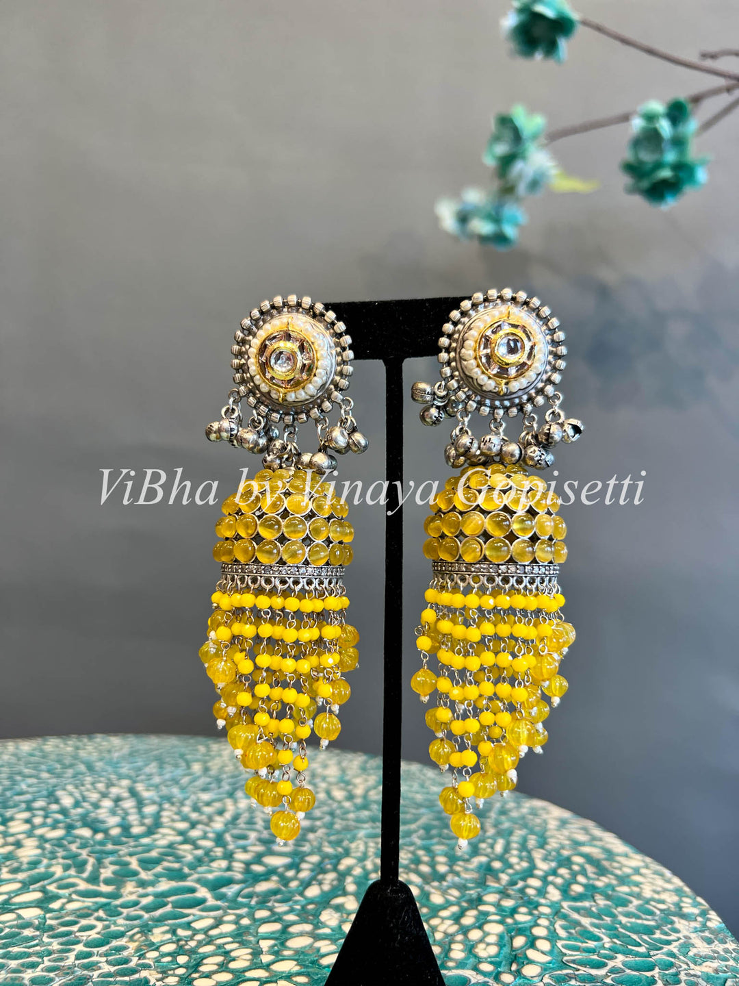White Finish Yellow Jhumka Earrings