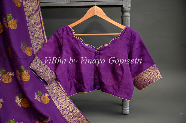 Purple Banarasi Silk Saree And Blouse With Floral Motifs