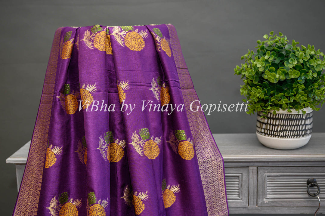 Purple Banarasi Silk Saree And Blouse With Floral Motifs