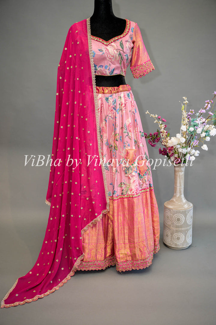Light and Dark Pink Floral Kanchi Silk Lehenga With Embroidered Borders And Pink Embroidered Dupatta