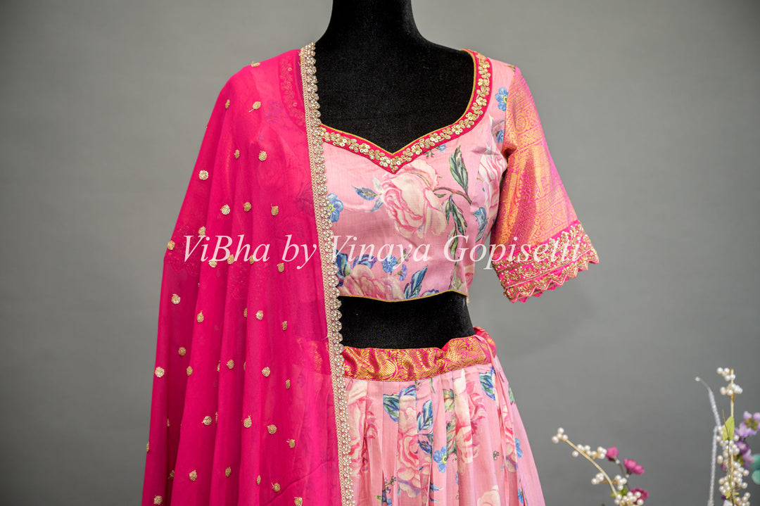 Light and Dark Pink Floral Kanchi Silk Lehenga With Embroidered Borders And Pink Embroidered Dupatta