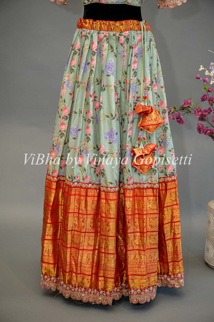 Light Green Floral Kanchi Silk Lehenga With Embroidered Borders And Red Net Embroidered Dupatta