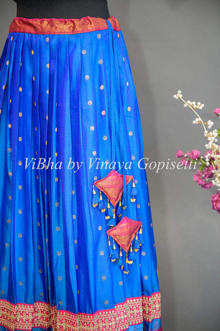 Royal Blue and Pink Gadwal Silk Lehenga with Embroidered Borders And Rani Pink Embroidered Dupatta