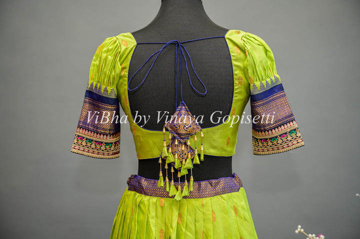 Green and Navy Blue Gadwal Silk Lehenga with Embroidered Borders and Dupatta