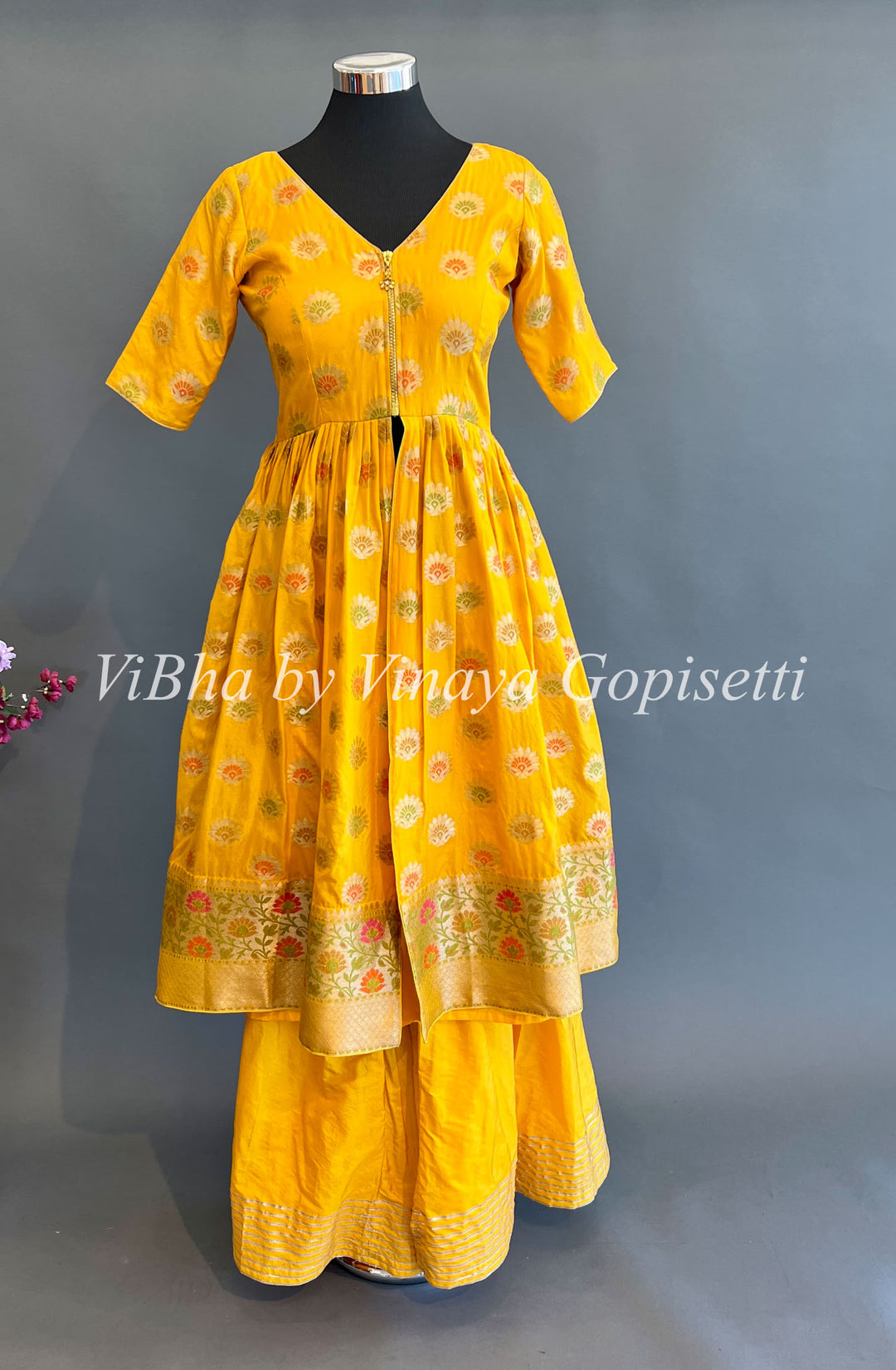 Yellow Benares Silk Front Slit Style Palazzo Set With Dupatta