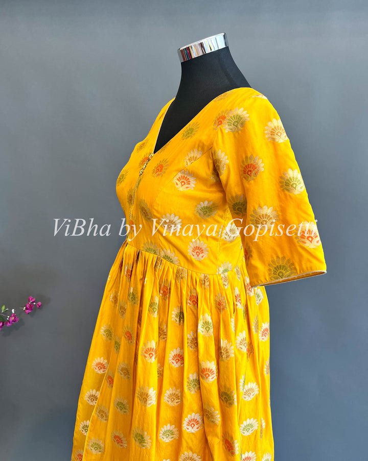Yellow Benares Silk Front Slit Style Palazzo Set With Dupatta