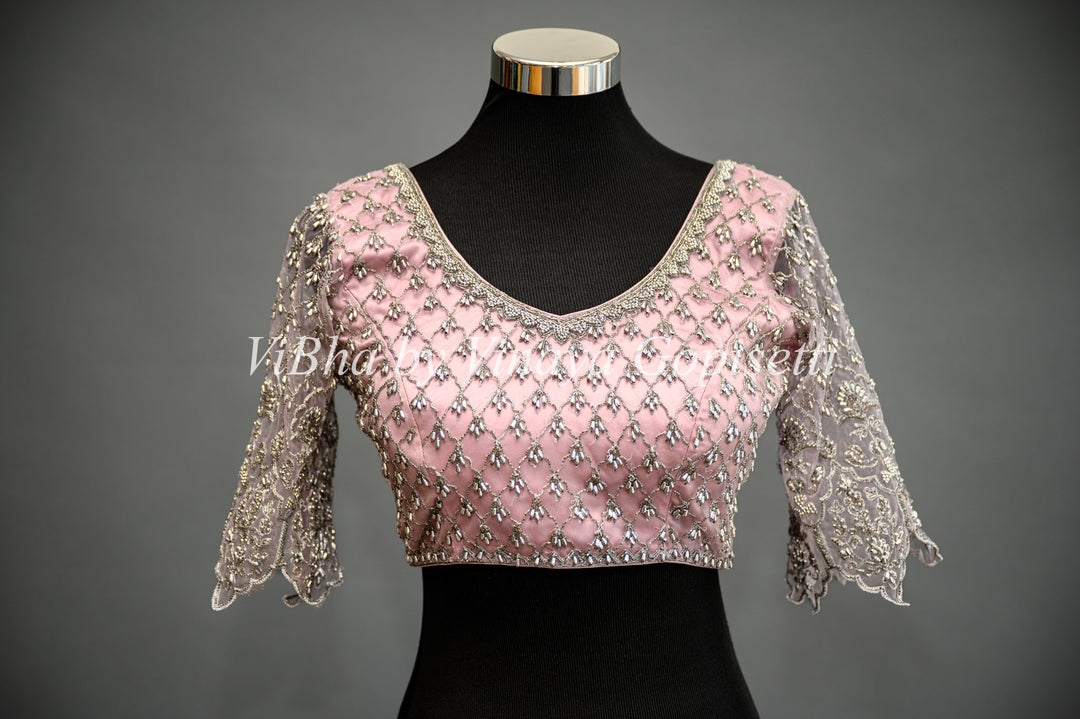 Pastel Pink Net Blouse with Silver Zari and Crystal Embroidery