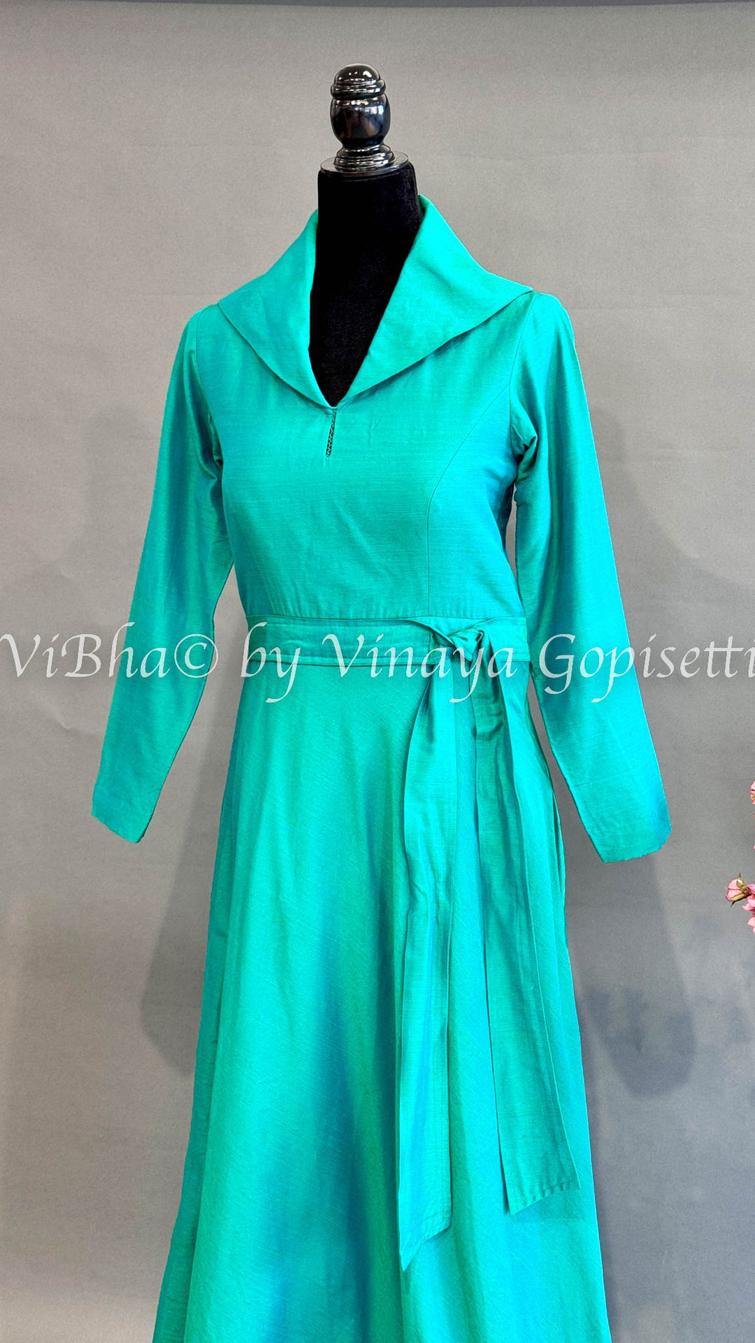 Green Raw Silk Collared Gown