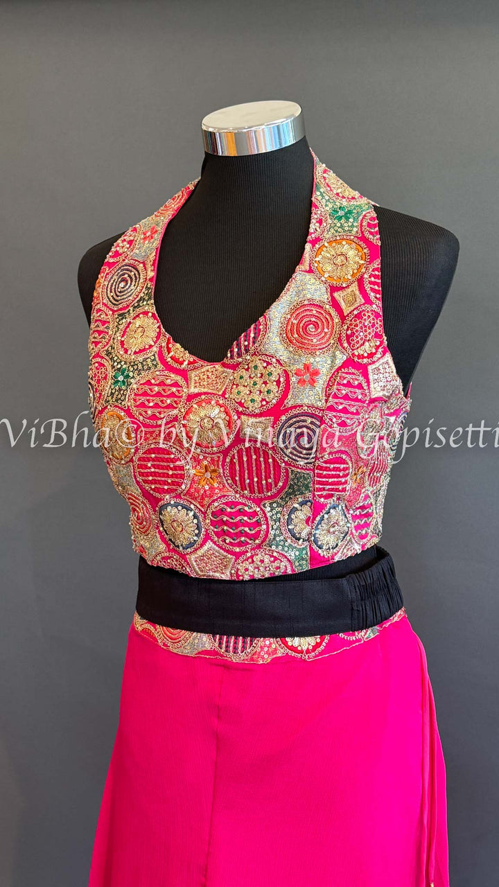 Pink Sharara With Embroidered Crop Top And Choker Dupatta