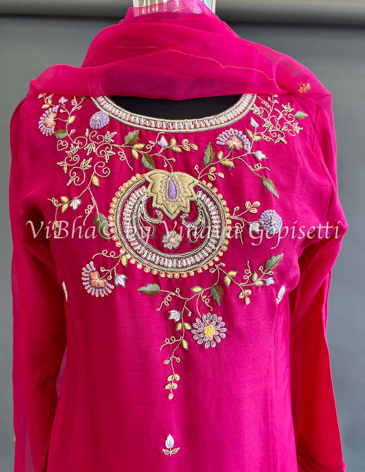 Rani Pink Silk Embroidered Salwar Suit