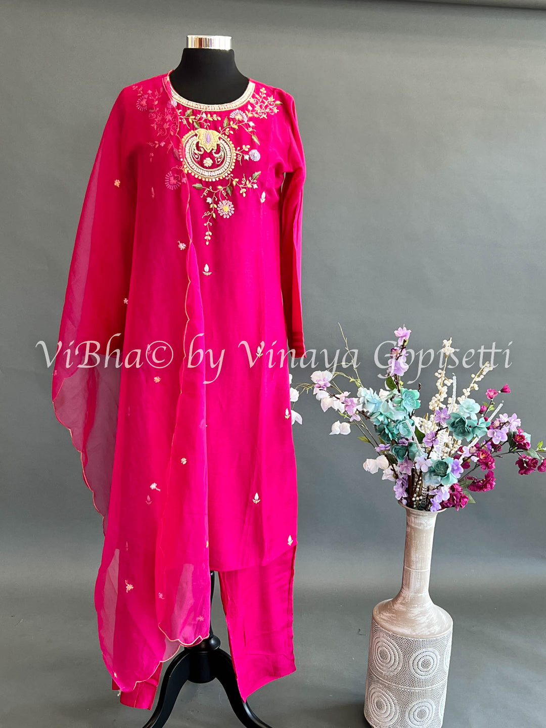 Rani Pink Silk Embroidered Salwar Suit