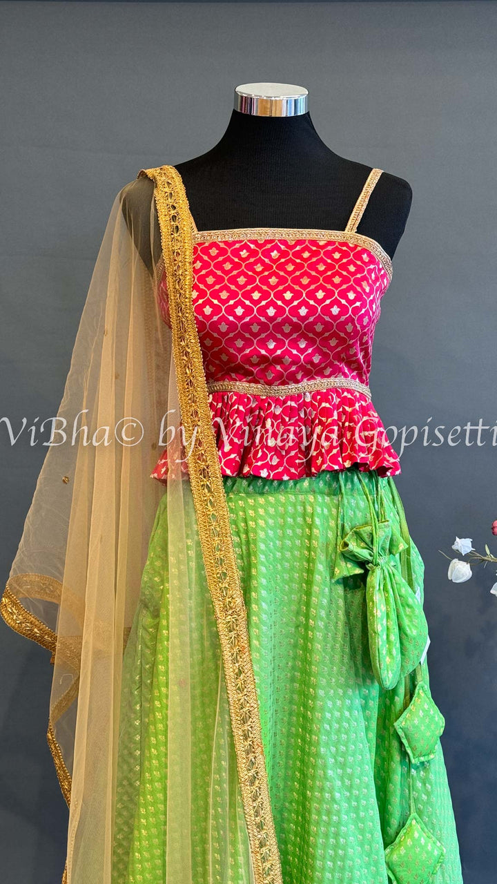 Green and Dark Pink Banarasi Silk Skirt and Crop Top with Potli