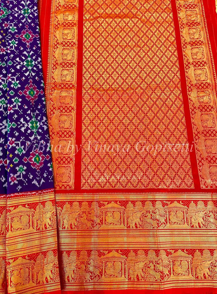 Dark Purple and Red Ikkat Silk Saree with Kanchi borders and Blouse.