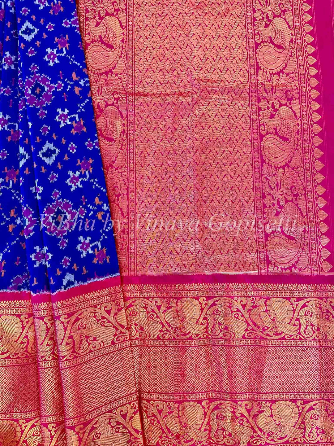Royal Blue and Pink Ikkat Silk Saree with Kanchi borders and Blouse.