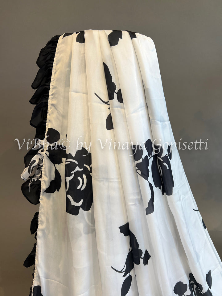 Floral Black And White Satin Crepe Ruffle Saree And Blouse
