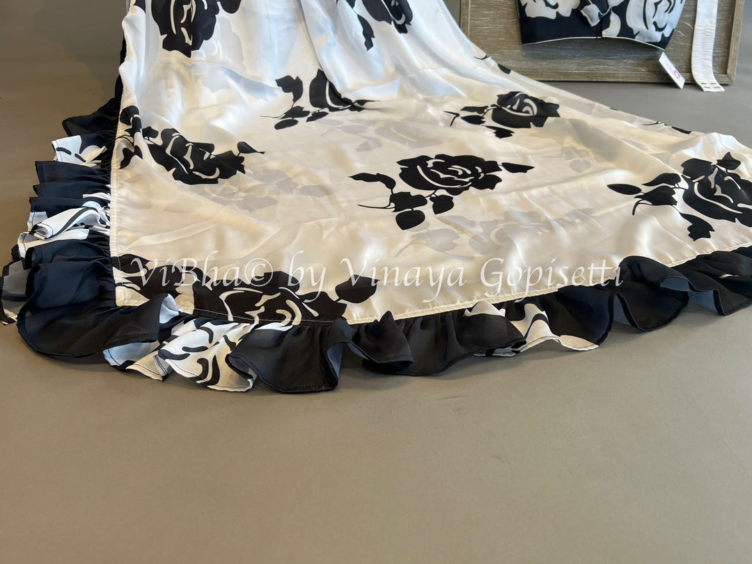Floral Black And White Satin Crepe Ruffle Saree And Blouse