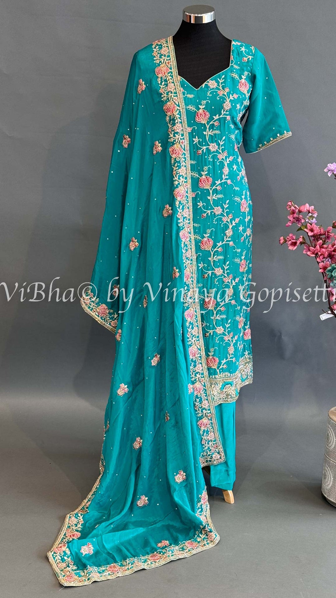 Turquoise Embroidered Palazzo Set