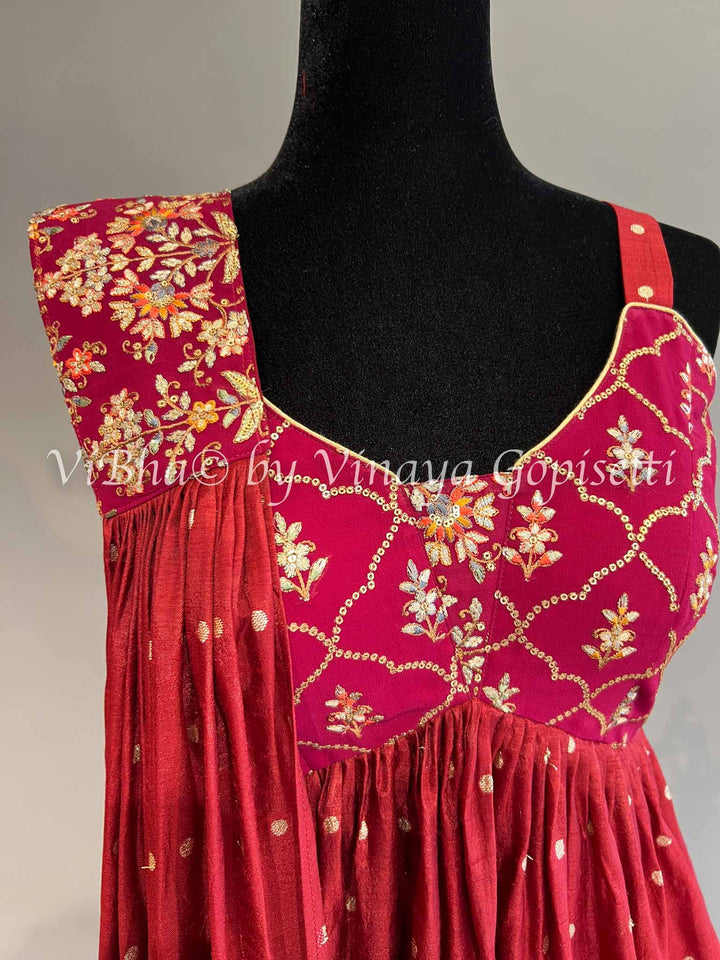 Maroon Red Embroidered Sharara Set With Choker Dupatta