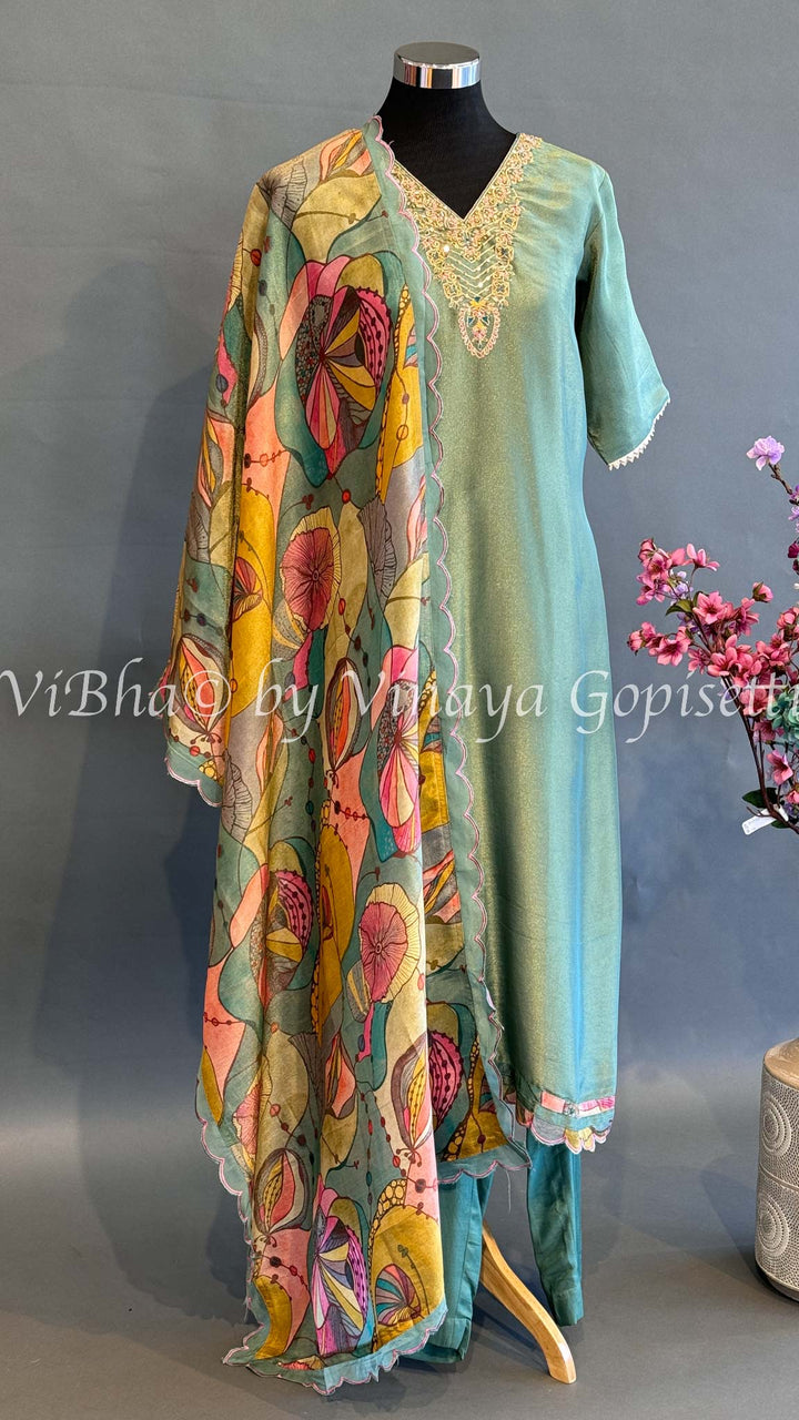 Shimmery Sage Green Palazzo With Floral Dupatta