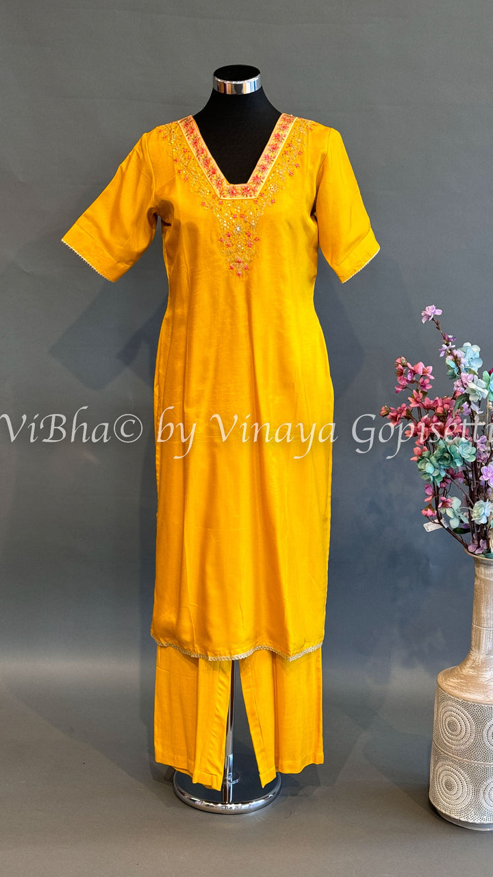 Yellow Embroidered Set With Floral Dupatta
