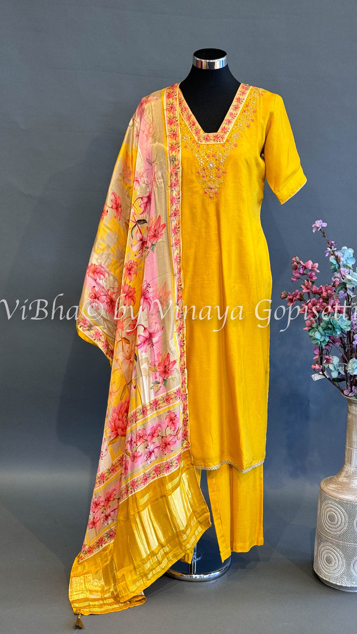 Yellow Embroidered Set With Floral Dupatta