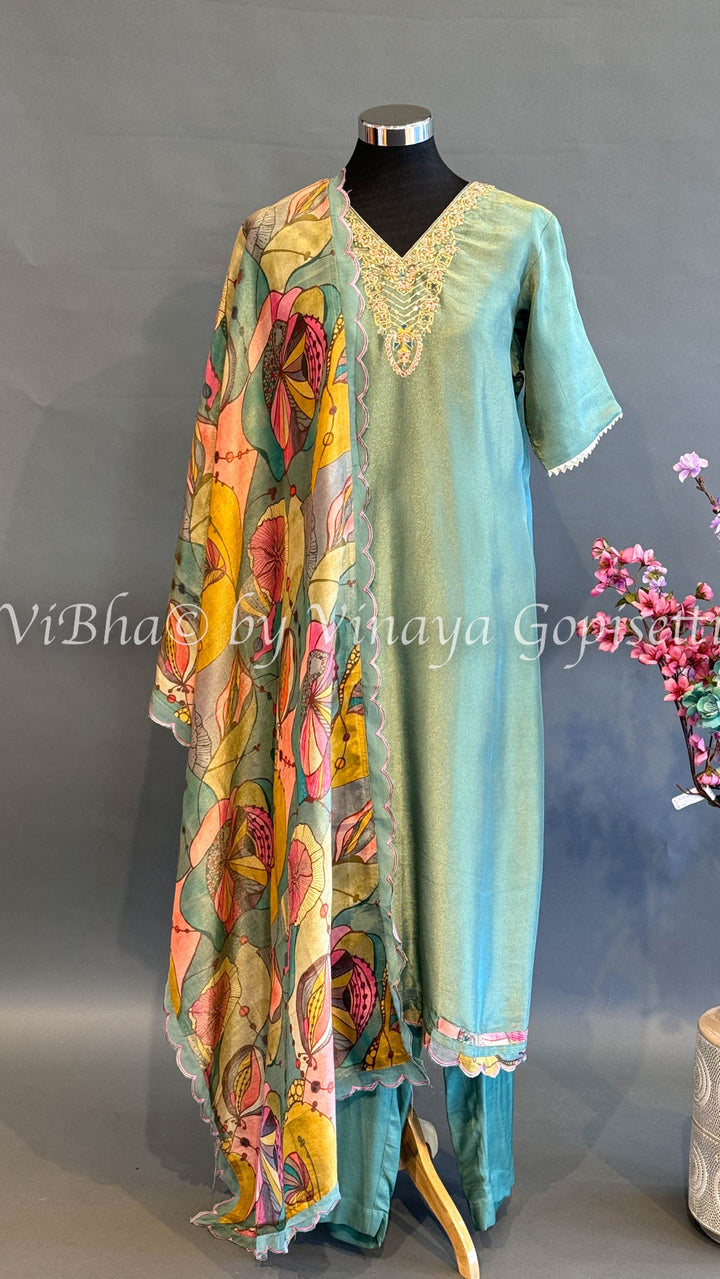 Shimmery Sage Green Palazzo With Floral Dupatta