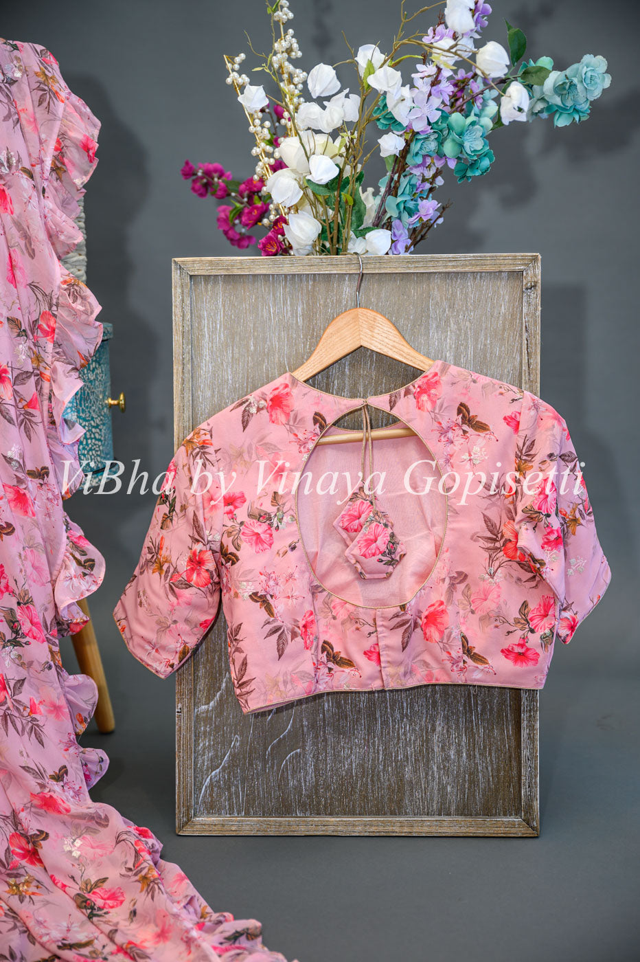 Peach Floral Saree And Blouse With Ruffle Border