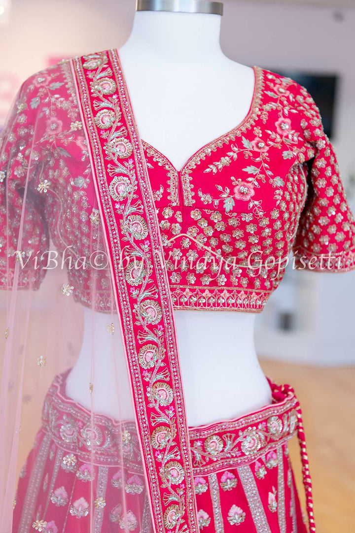 Accessories & Jewelry - Dark Pink Raw Silk Lehenga And Blouse With Heavy Resham Zari Cutdana Embroidery In Kalis And Net Dupatta