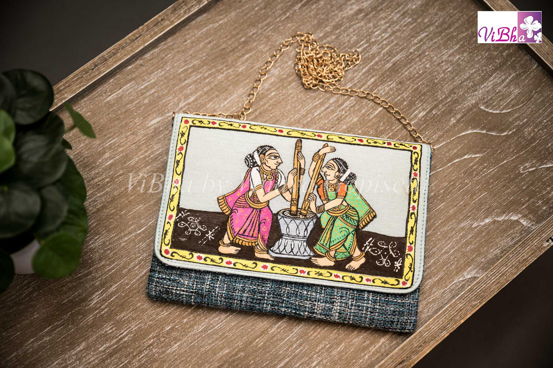 Accessories & Jewelry - Jute Nirmal Hand Painted- Grey And Light Blue Clutch