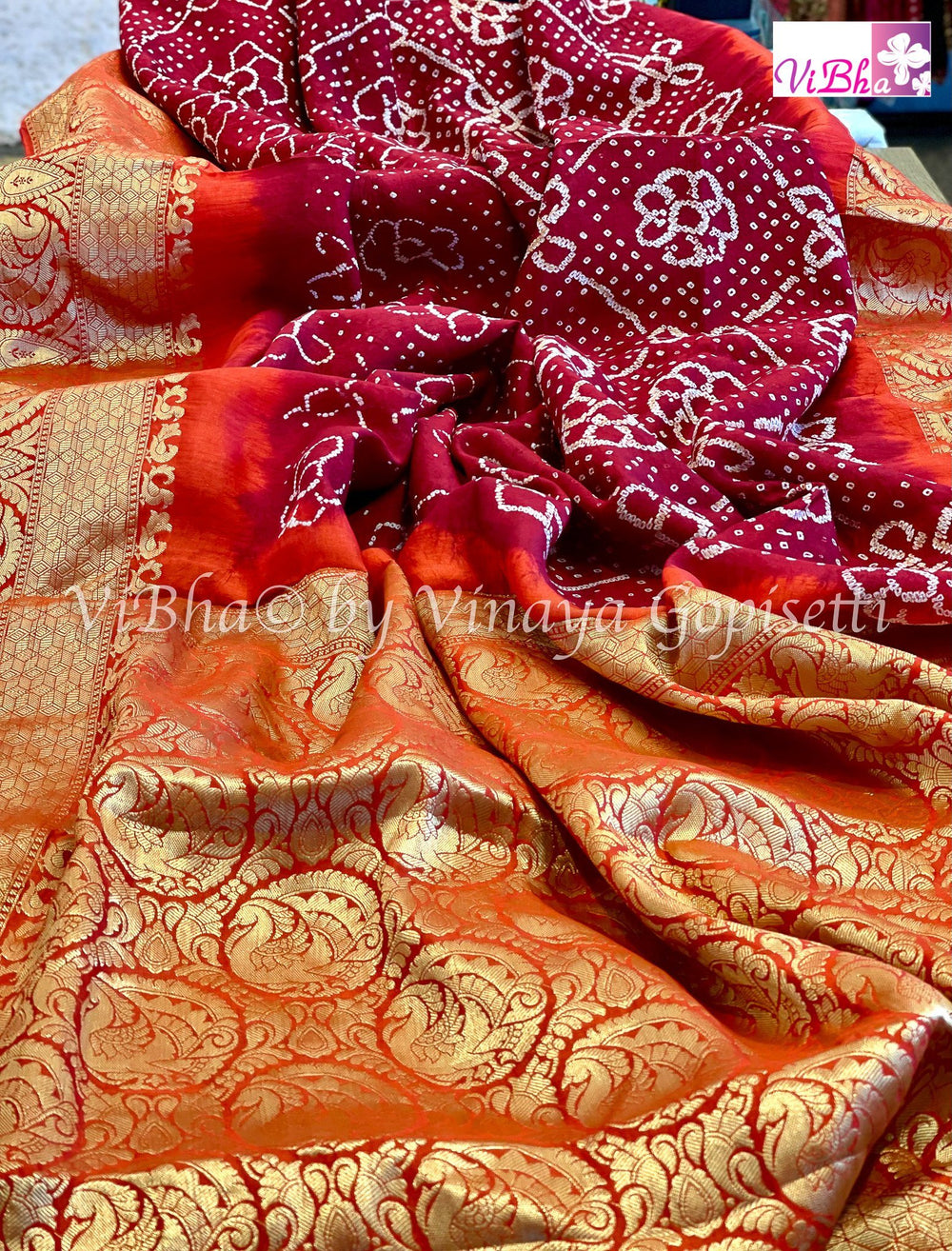 Bandhni Saree - Maroon Red & Orange Kanchi Bandhini Saree